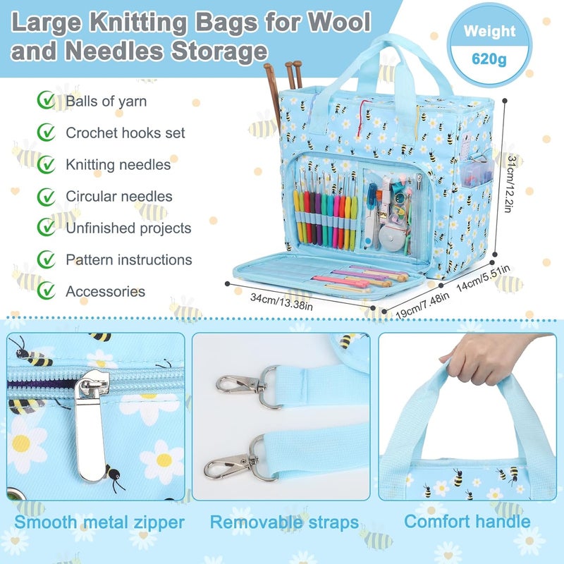 Aeelike Yarn Storage Organizer Travel Crochet Bag, Large Capacity Tote Bag Knitting Bag for Carrying Projects, Knitting Needles, Crochet Hooks and Yarn, Blue Floral and Bees - Image 3